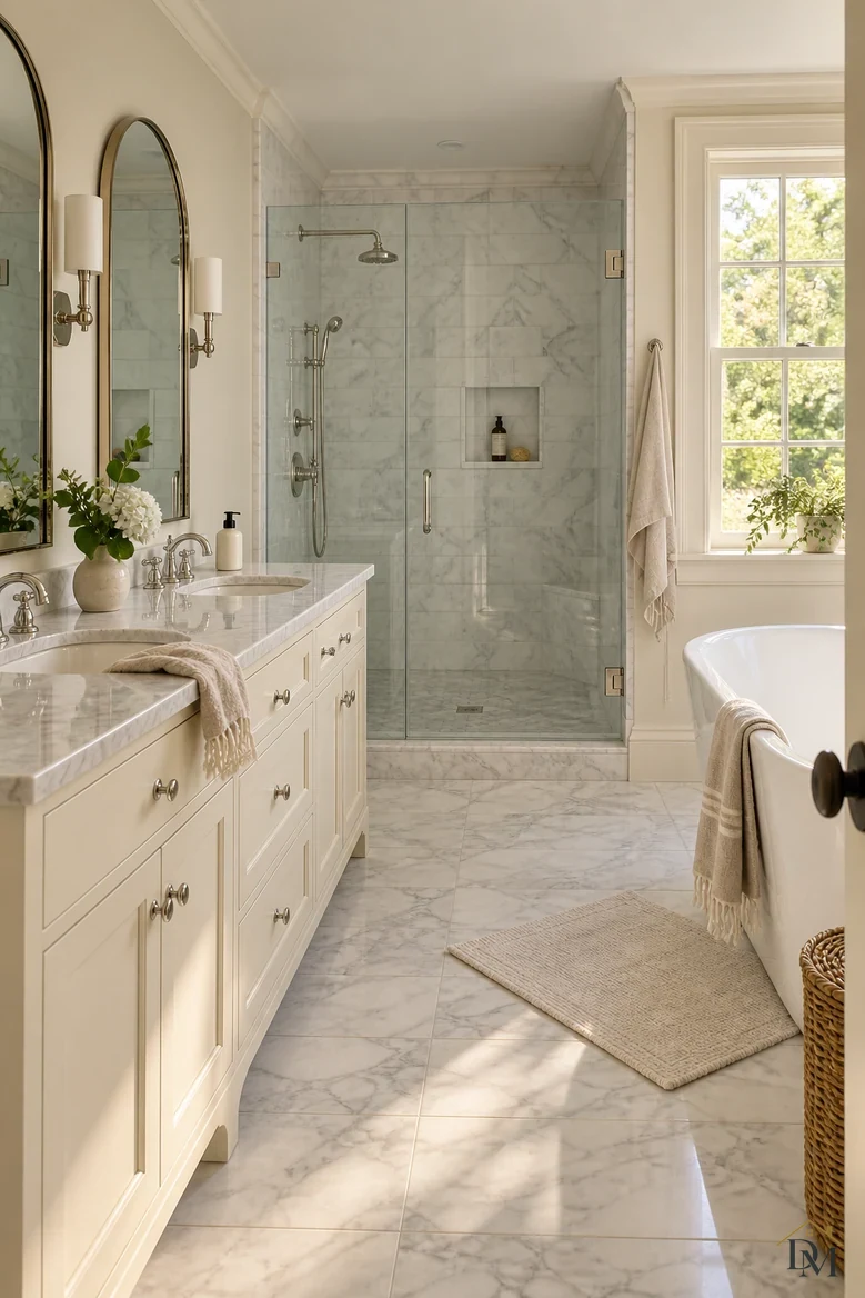 View A: a towel draped over the marble vanity edge and the bath mat at an angle.
