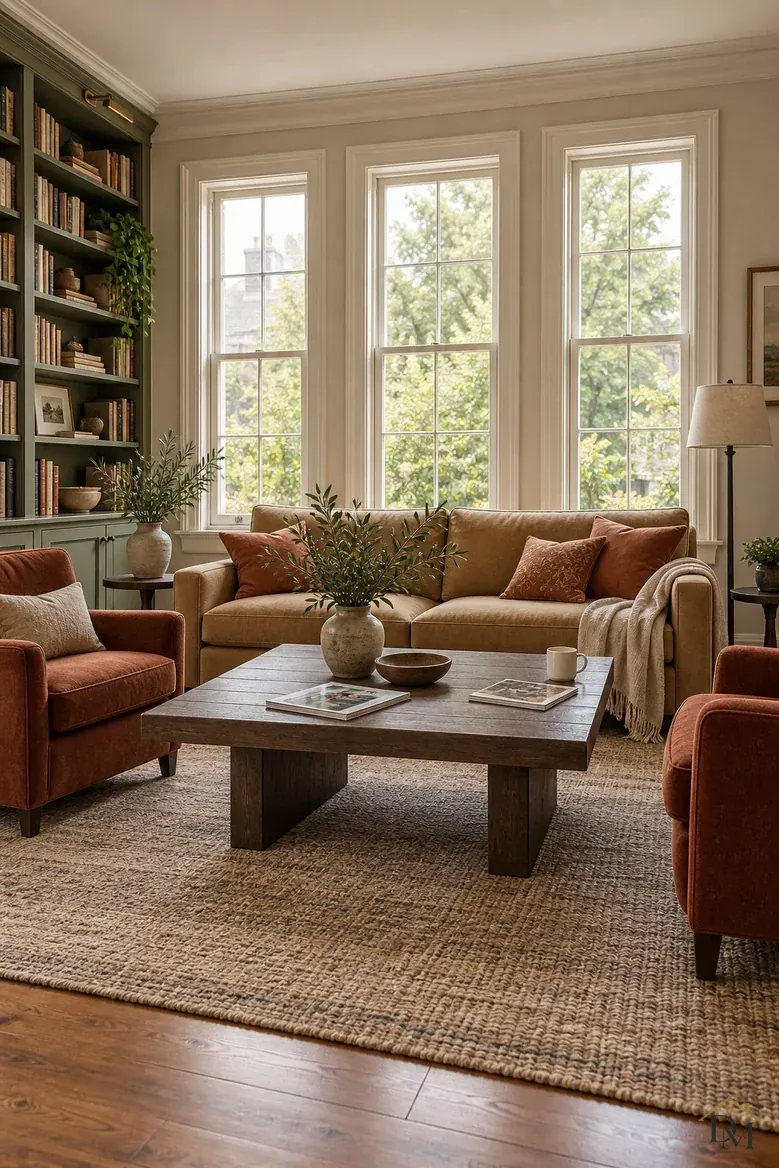 View A: magazines and a mug on the wood coffee table, a throw over the sofa arm.