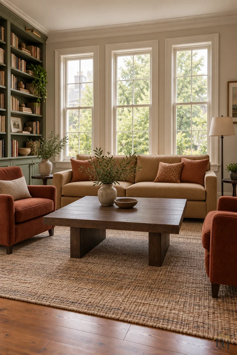 View B: the coffee table holds only the plant and bowl, and the throw is put away.