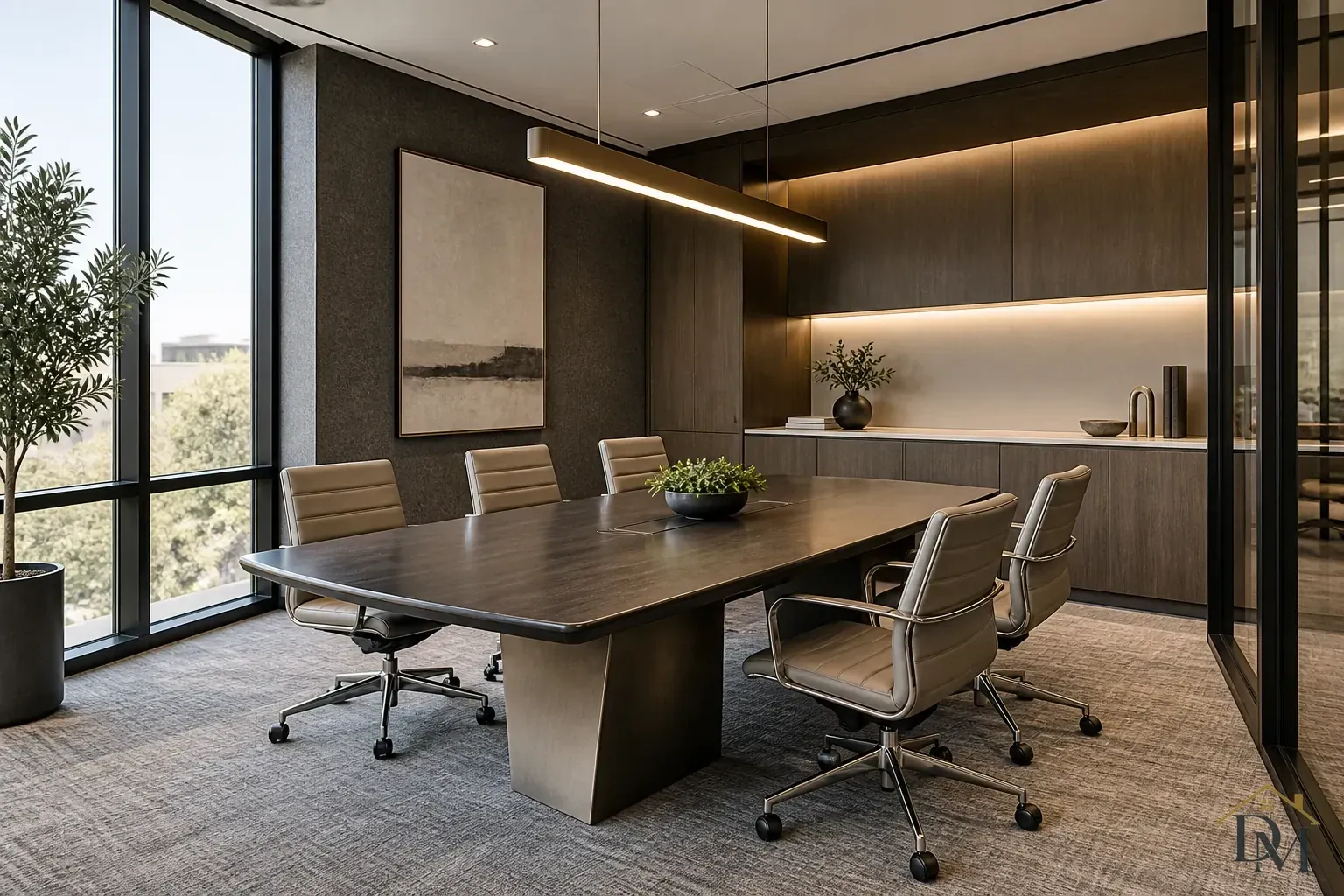 Dark rectangular meeting table with gray leather swivel chairs, a linear pendant, tall windows and dark wood cabinets.