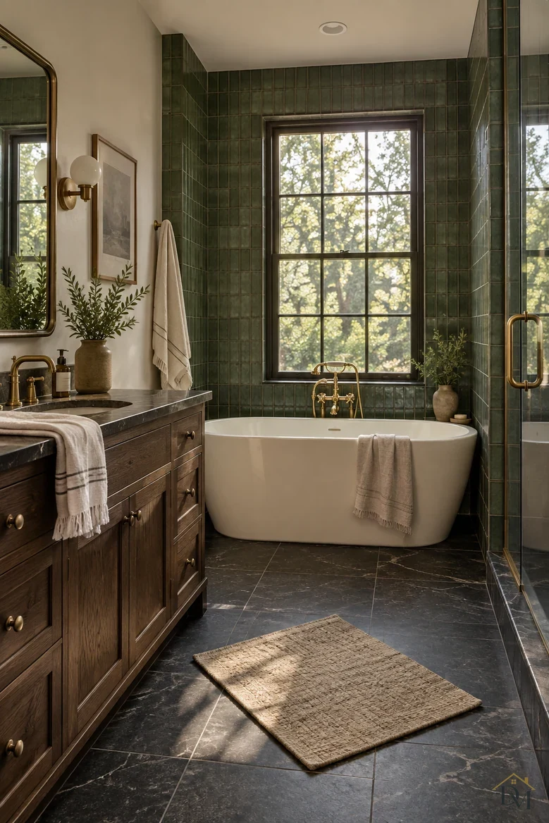 View A: a striped towel hanging off the dark wood vanity and the jute mat set at an angle.