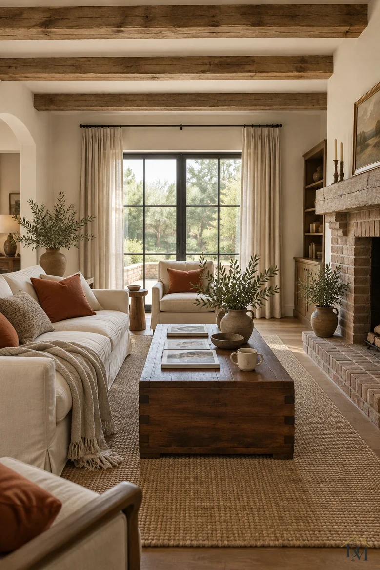 View A: a plaid throw over the linen sofa, with books and a mug on the wood trunk table.
