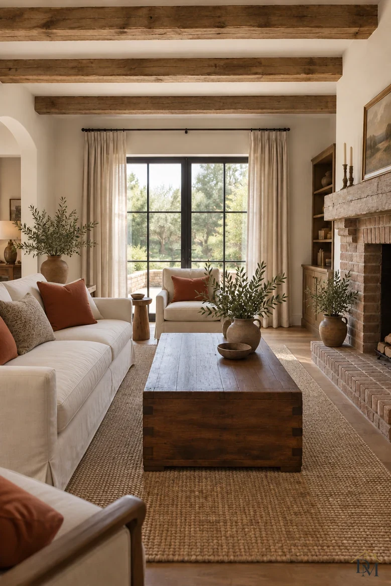 View B: throw gone and the trunk table holding only the olive plant and a bowl.