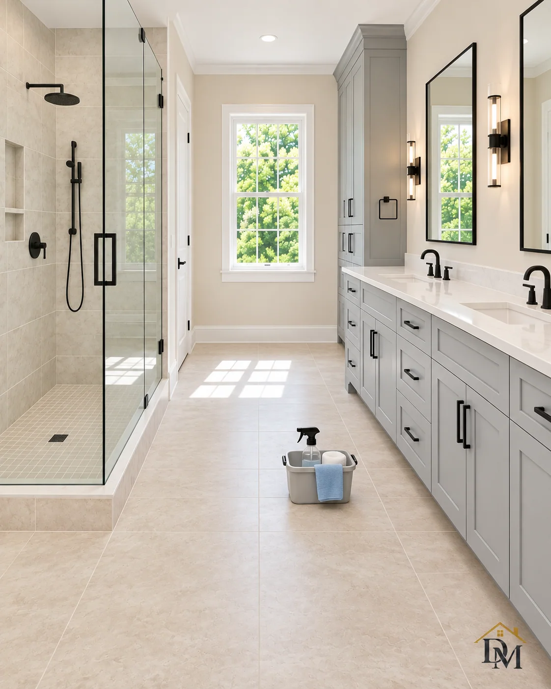 Before move-in: the caddy on the tile between the glass shower and gray double vanity.