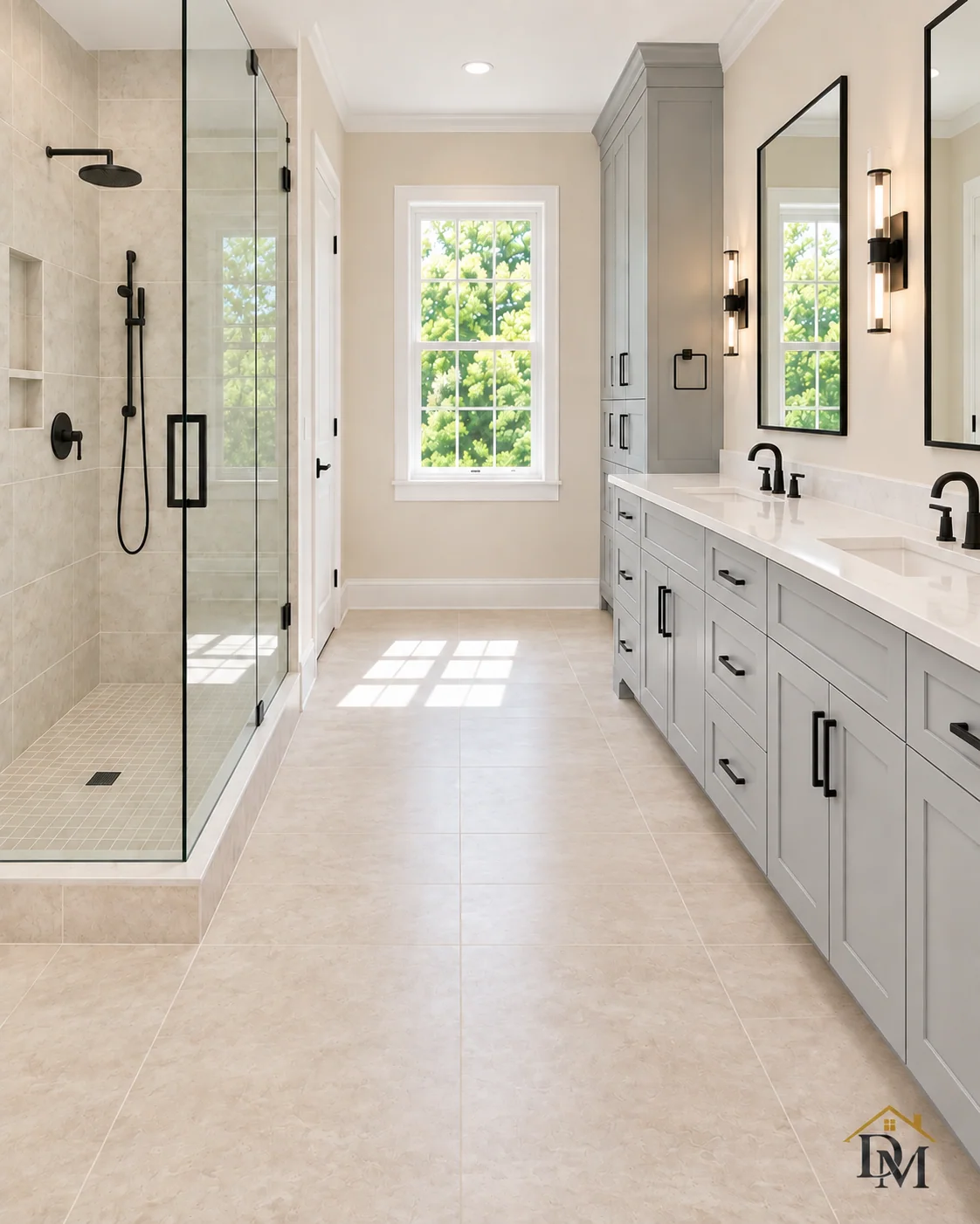 Ready for your towels: the beige tile floor clear.
