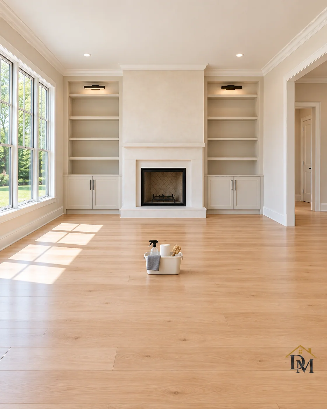 Before move-in: our supply caddy on the oak floor facing the fireplace and built-ins.