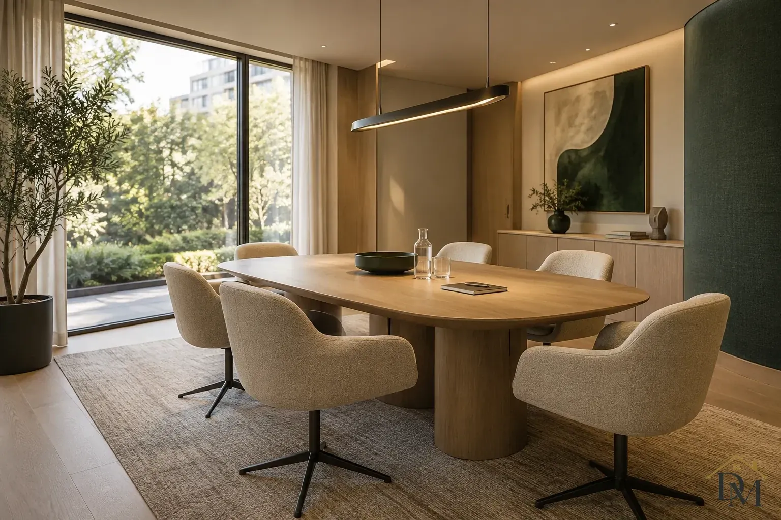 Rounded wooden meeting table with cream swivel chairs, a long pendant and tall windows beside green-and-cream artwork.