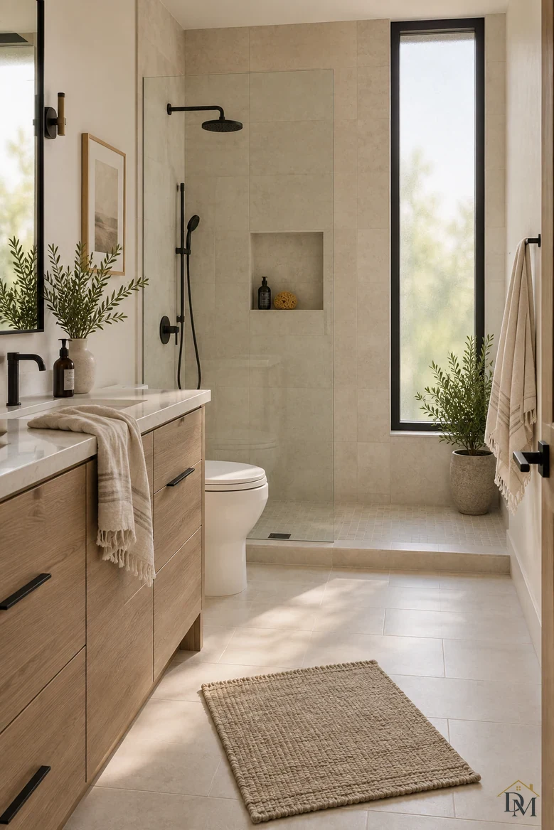 Before: a striped towel dropped over the wood vanity edge and the jute mat pushed askew.