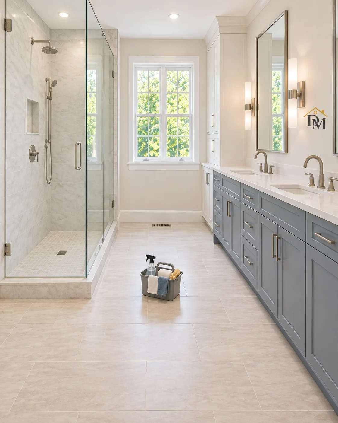 Before move-in: our caddy rests on pale tile near the slate-blue vanity.