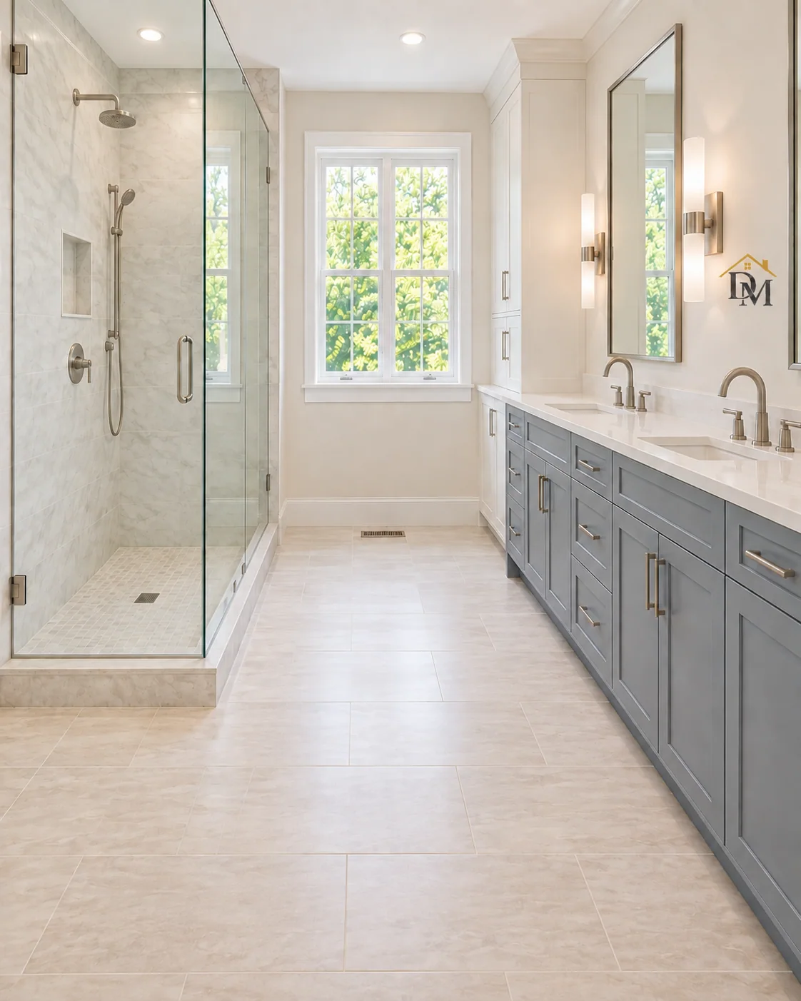 Ready for towels: floor clear along the double vanity.