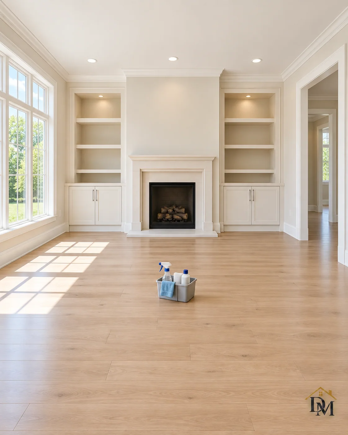 Before move-in: our supply caddy on the plank floor facing the fireplace.