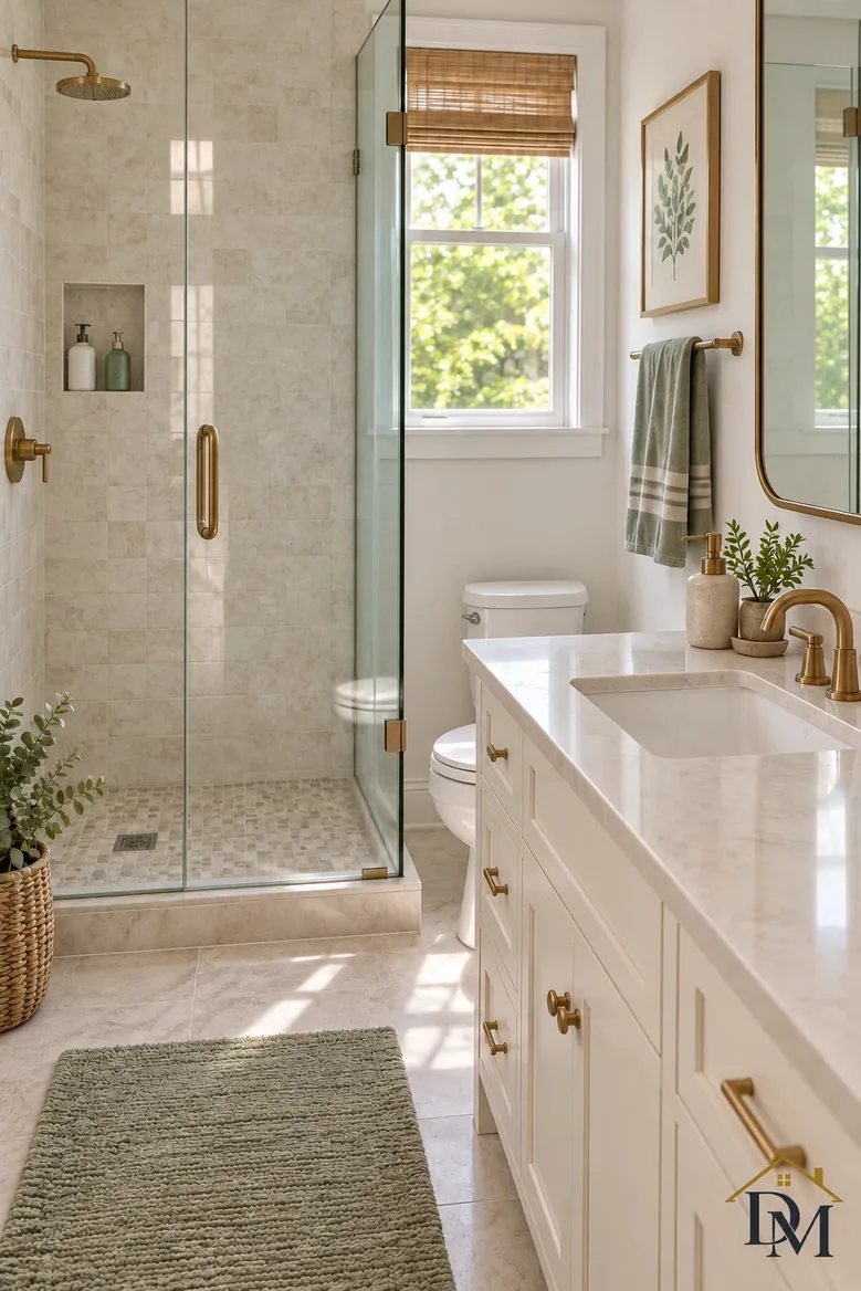 Reset: towel folded on the counter, mat square to the tub.