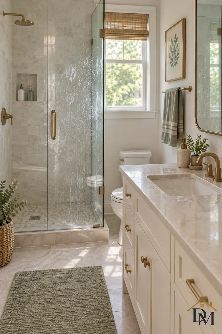 As left: towel over the vanity edge and the mat crooked.