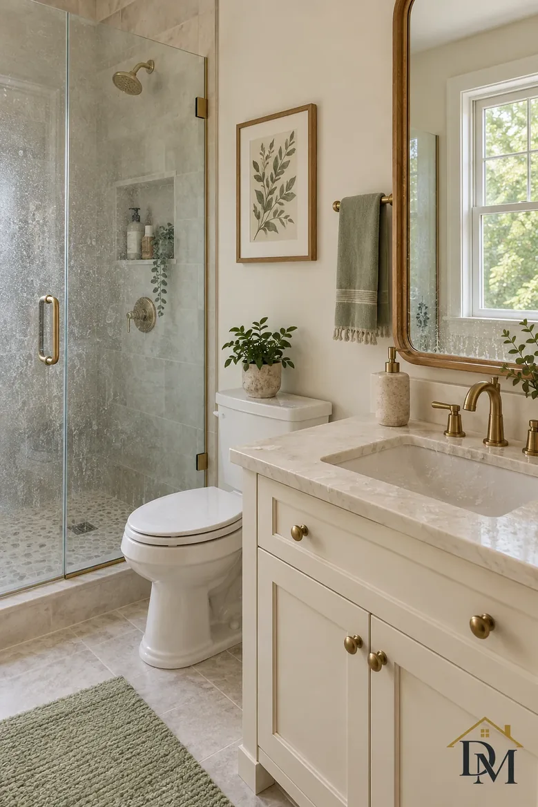 Unit bath, first look: towel hanging over the vanity and mat askew.