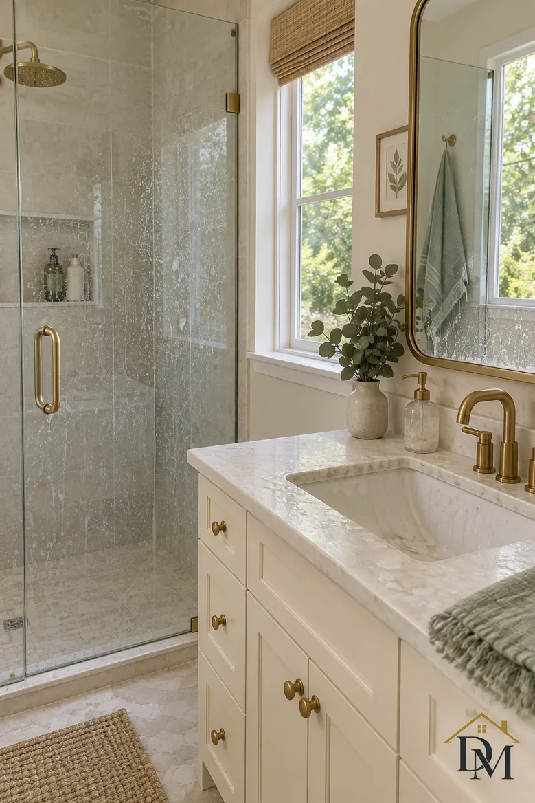 Before: towel across the white vanity, mat off square.