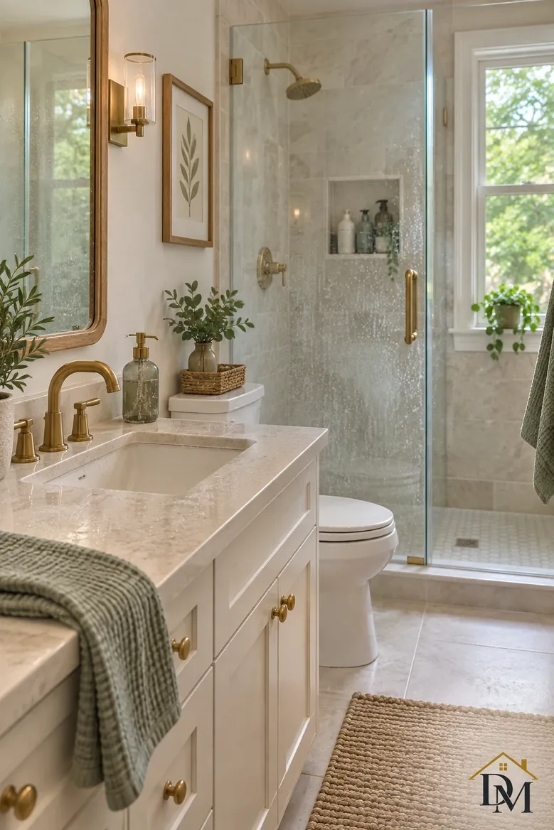 Mid-week: a towel slides off the vanity and the mat drifts.