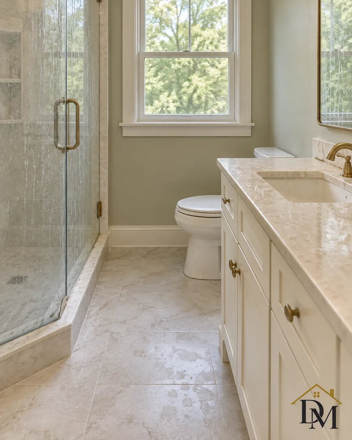Before move-in: caddy between the glass shower and sage vanity.