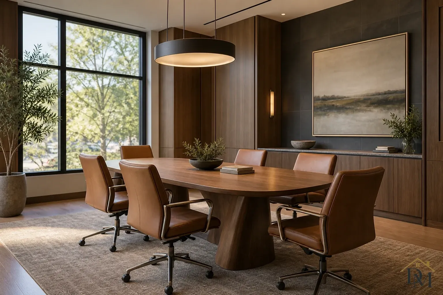Wooden meeting table with brown leather swivel chairs, a round dark pendant and landscape artwork beside tall windows.