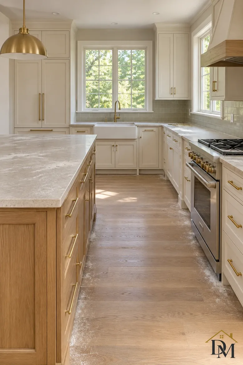View one: towel over the vanity and mat at an angle.