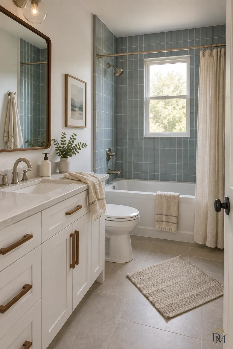 First view: a hand towel draped on the vanity edge and the bath mat set at an angle.