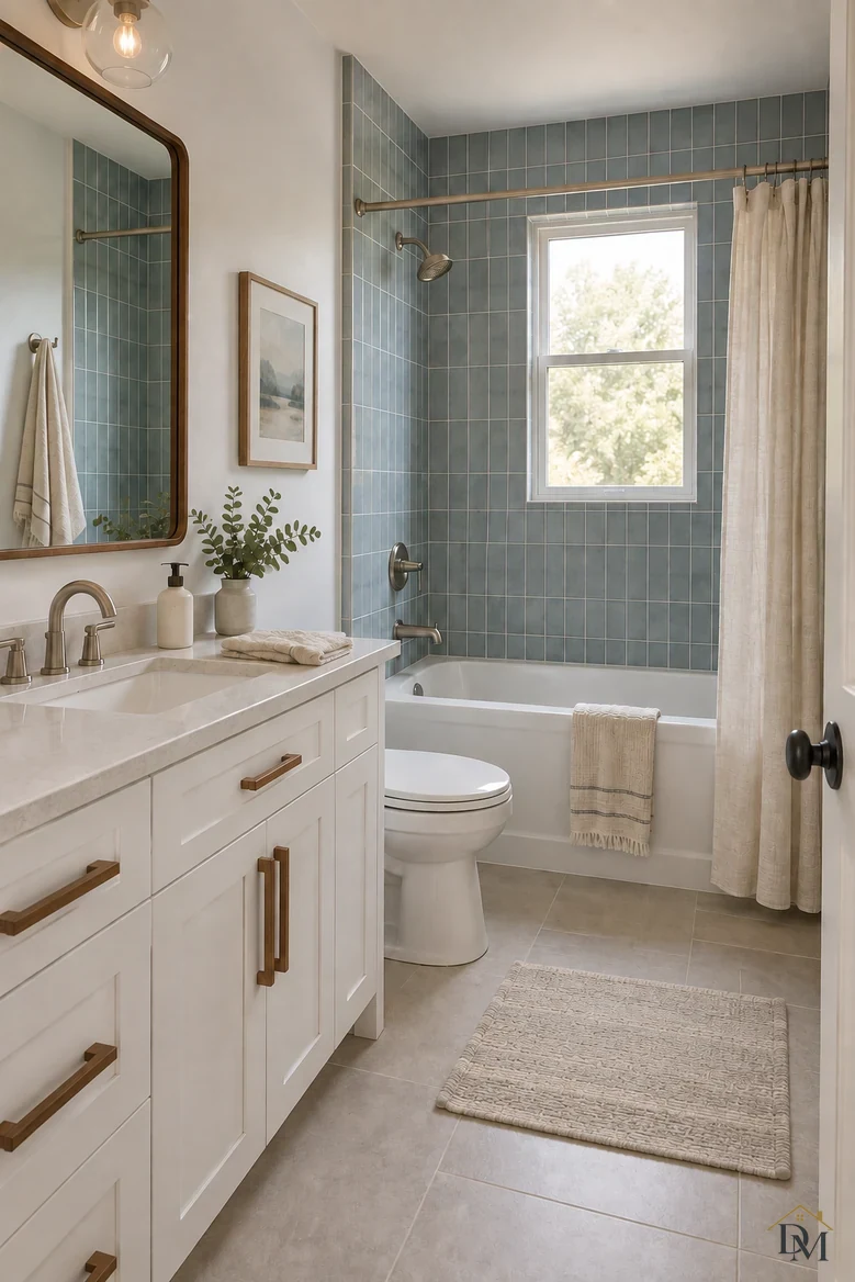 Second view: the towel folded on the counter and the mat lined up with the tub.