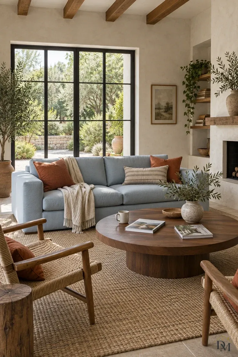 First view: two magazines and a mug on the round wood table, a cream throw over the blue sofa.