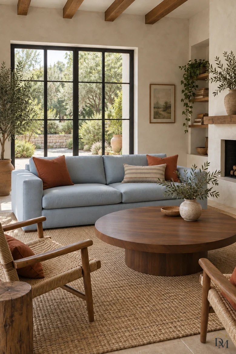 Second view: the round table holds only a bowl and an olive-branch vase; the throw is gone.