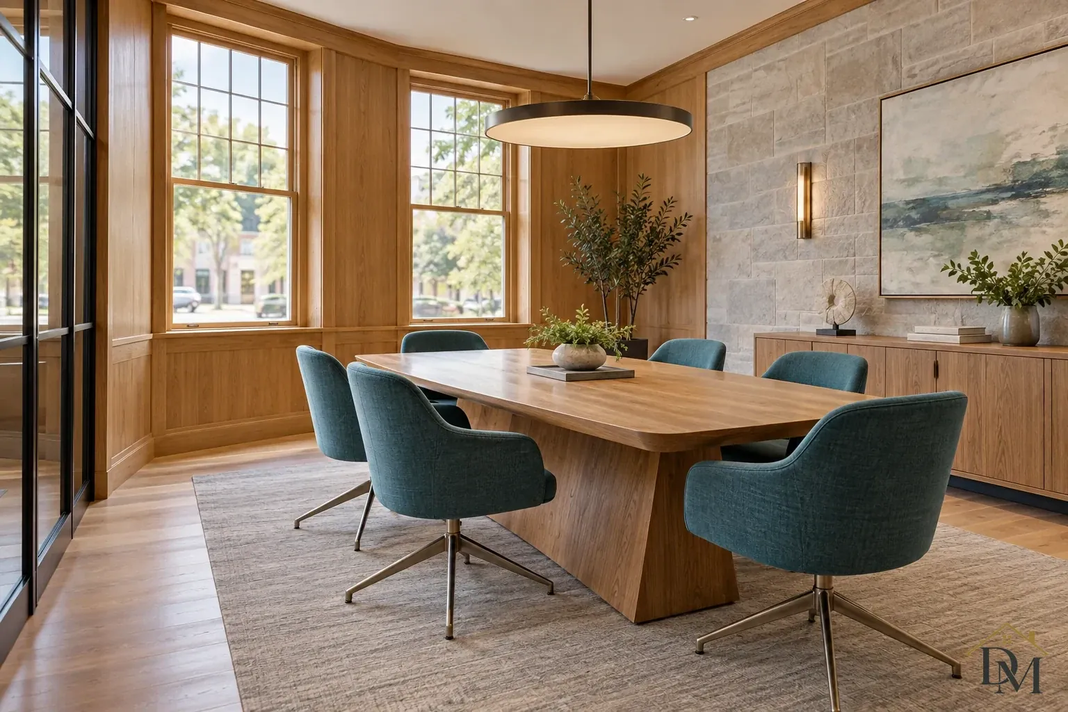 Wooden meeting table with teal swivel chairs beneath a round pendant, beside tall windows and a stone-textured wall.