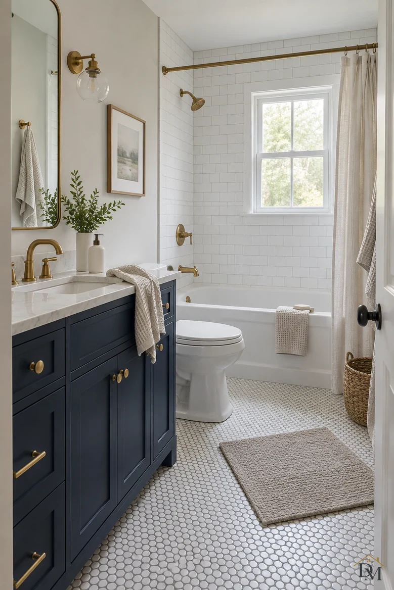 View A: a towel draped over the navy vanity and the mat pushed toward the door.