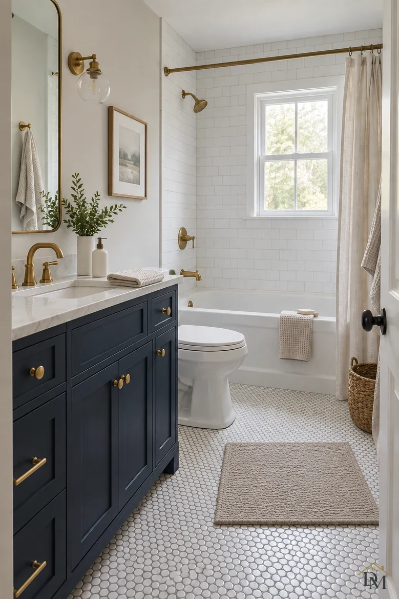 View B: towel folded on the counter and the mat set straight on the tile.