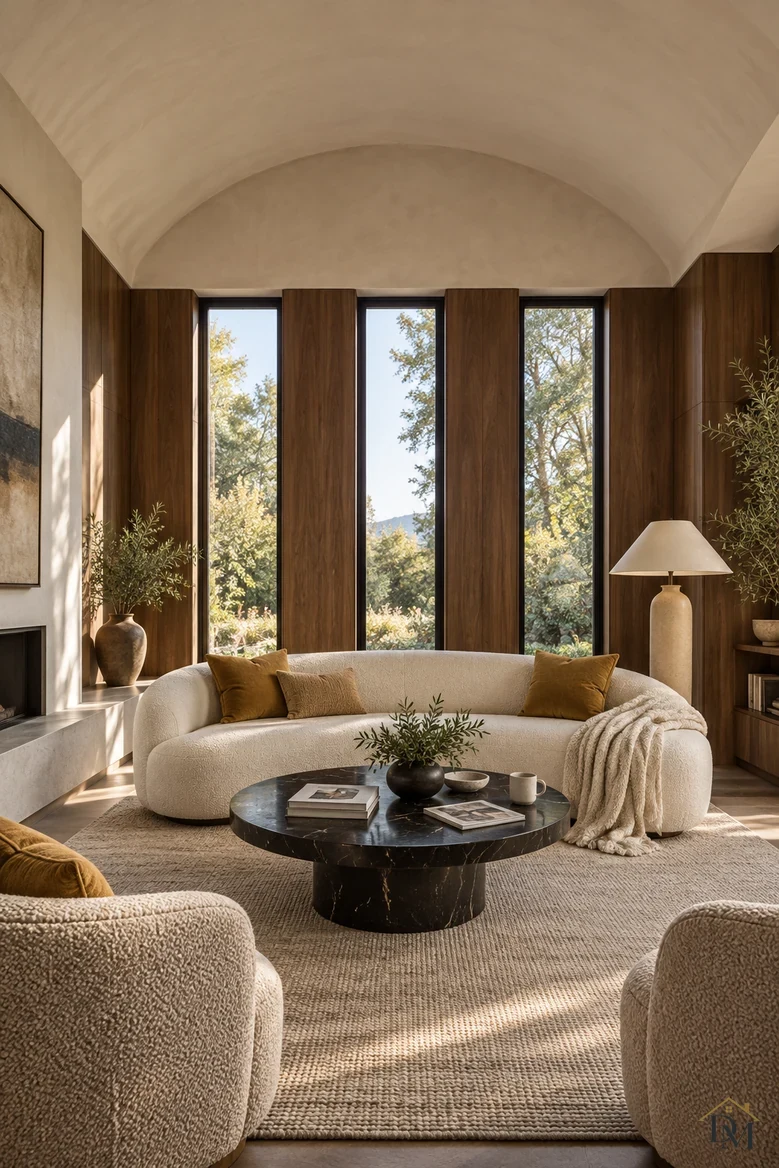View A: a cream throw over the curved sofa, books and a cup on the black marble table.
