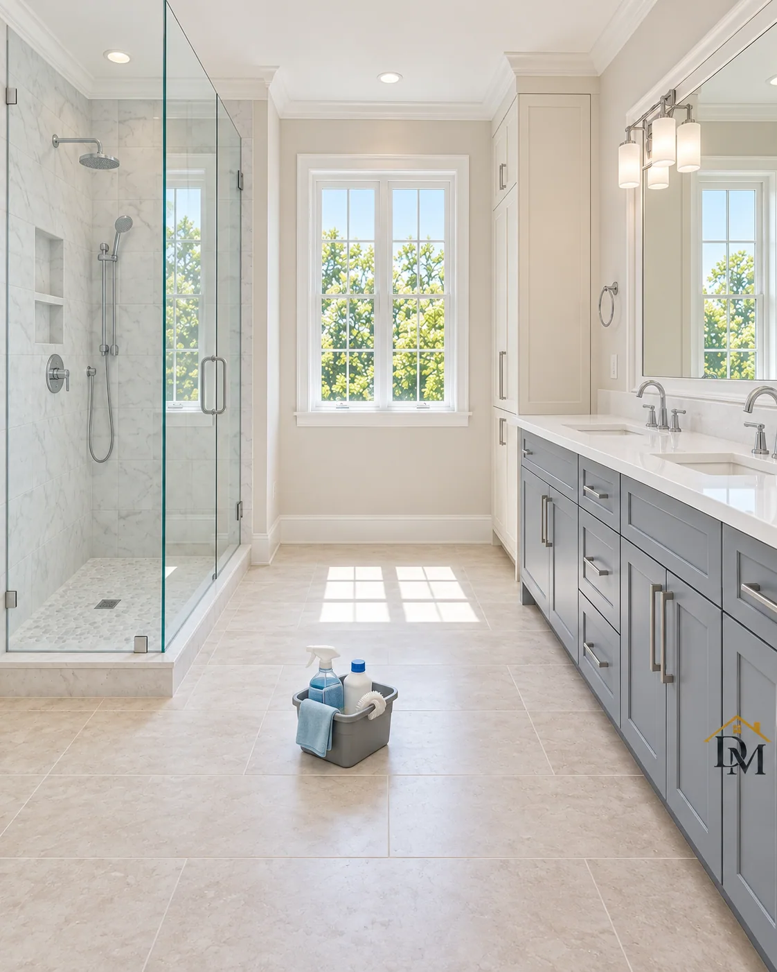At key return, view A: cleaning supplies on the tile of the empty bathroom.