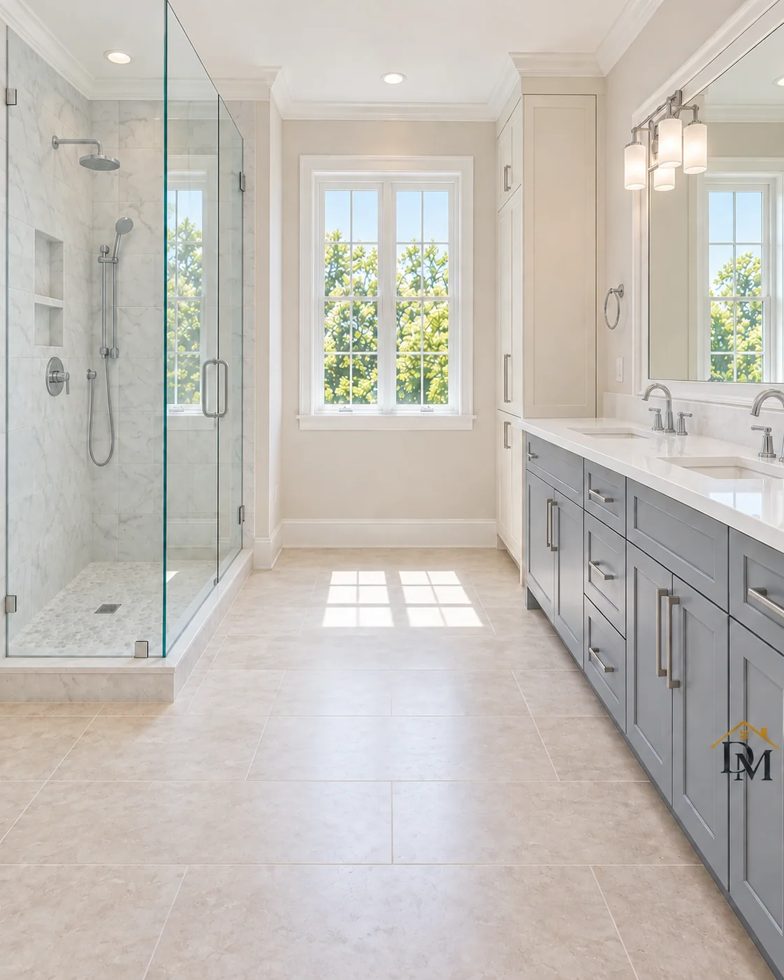 At key return, view B: gray vanity and tile floor with nothing left on them.