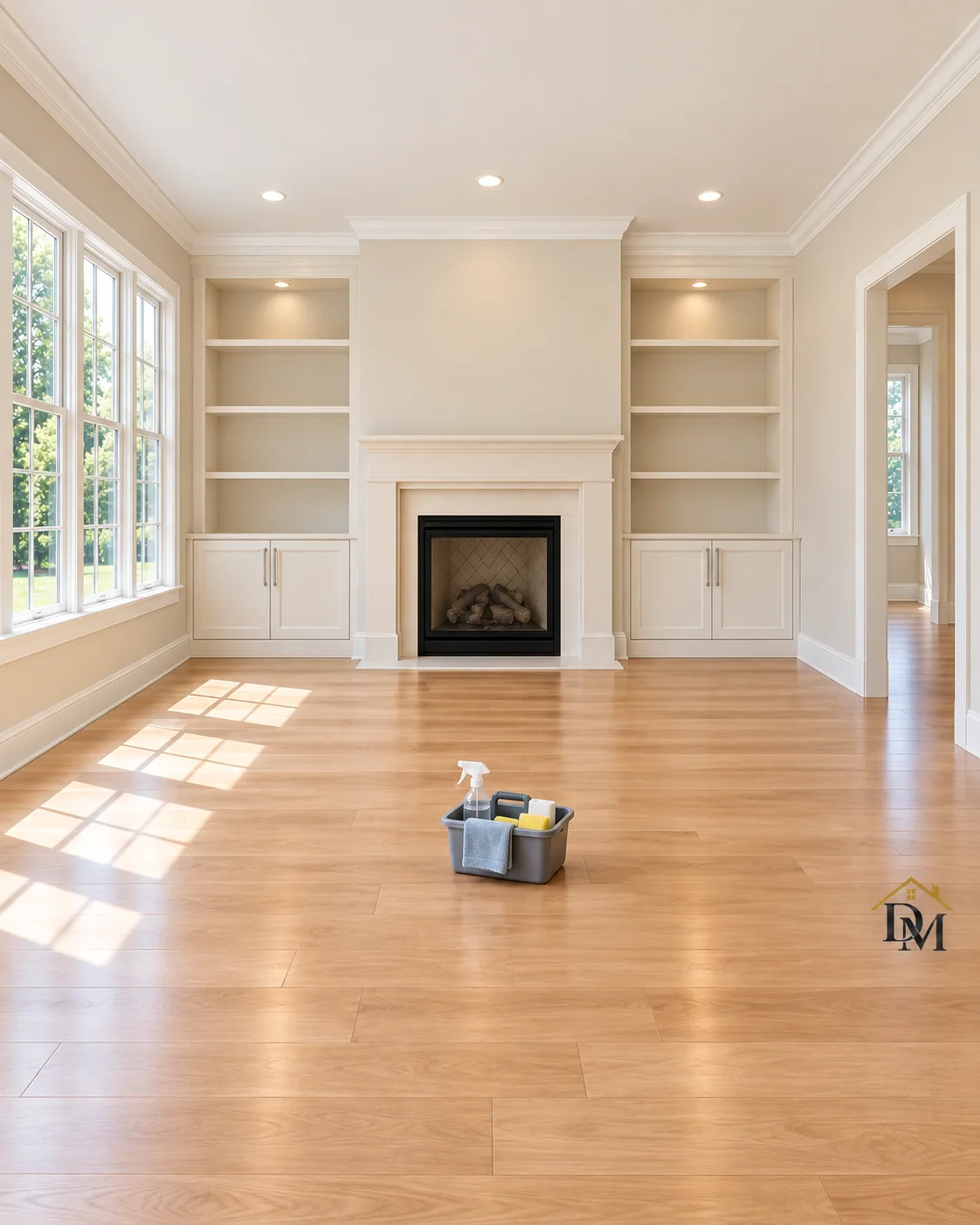 At key return, view A: the supply caddy on the floor of the empty fireplace room.
