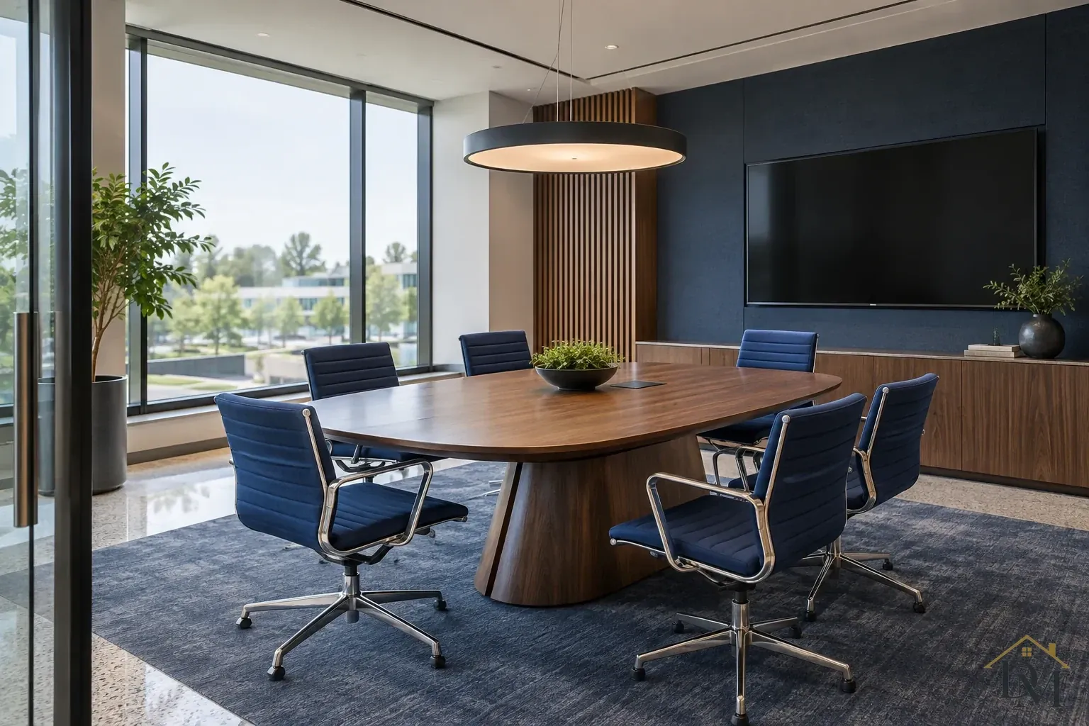 Oval wooden meeting table with blue swivel chairs, a round pendant, wall-mounted screen and tall windows.