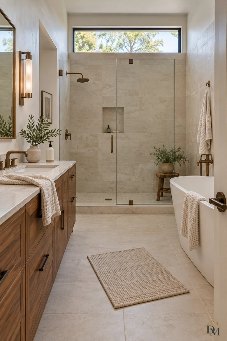 Before: a towel hanging over the wood vanity and the mat turned at an angle.