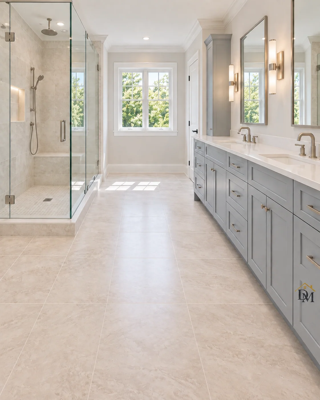 Ready for towels: the bathroom tile fully clear.