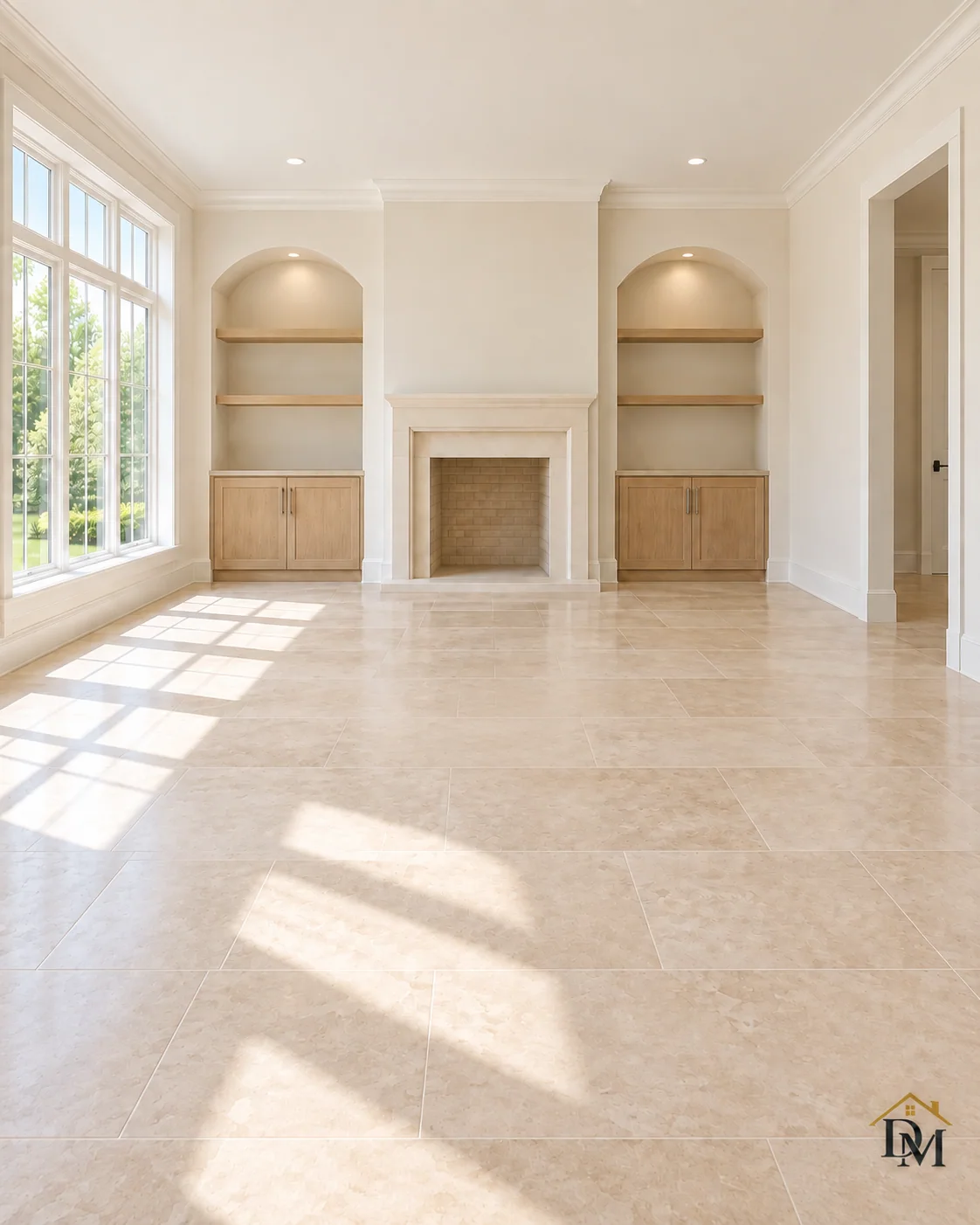 Ready for furniture: caddy gone, floor and arched niches clear.