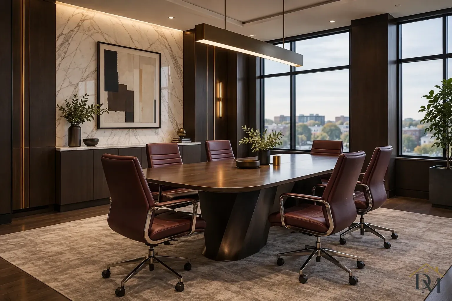 Dark wood meeting table with burgundy swivel chairs beneath a linear pendant, beside tall windows and a marble-patterned wall.