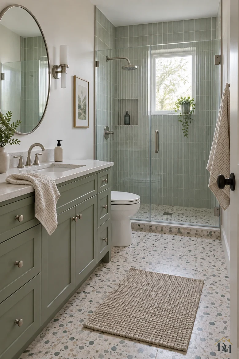 Before: a hand towel dropped across the sage vanity counter.