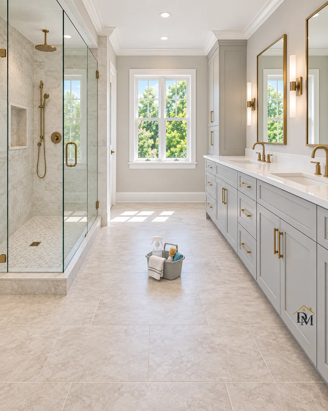 Before move-in: caddy on the tile between the glass shower and gray vanity.