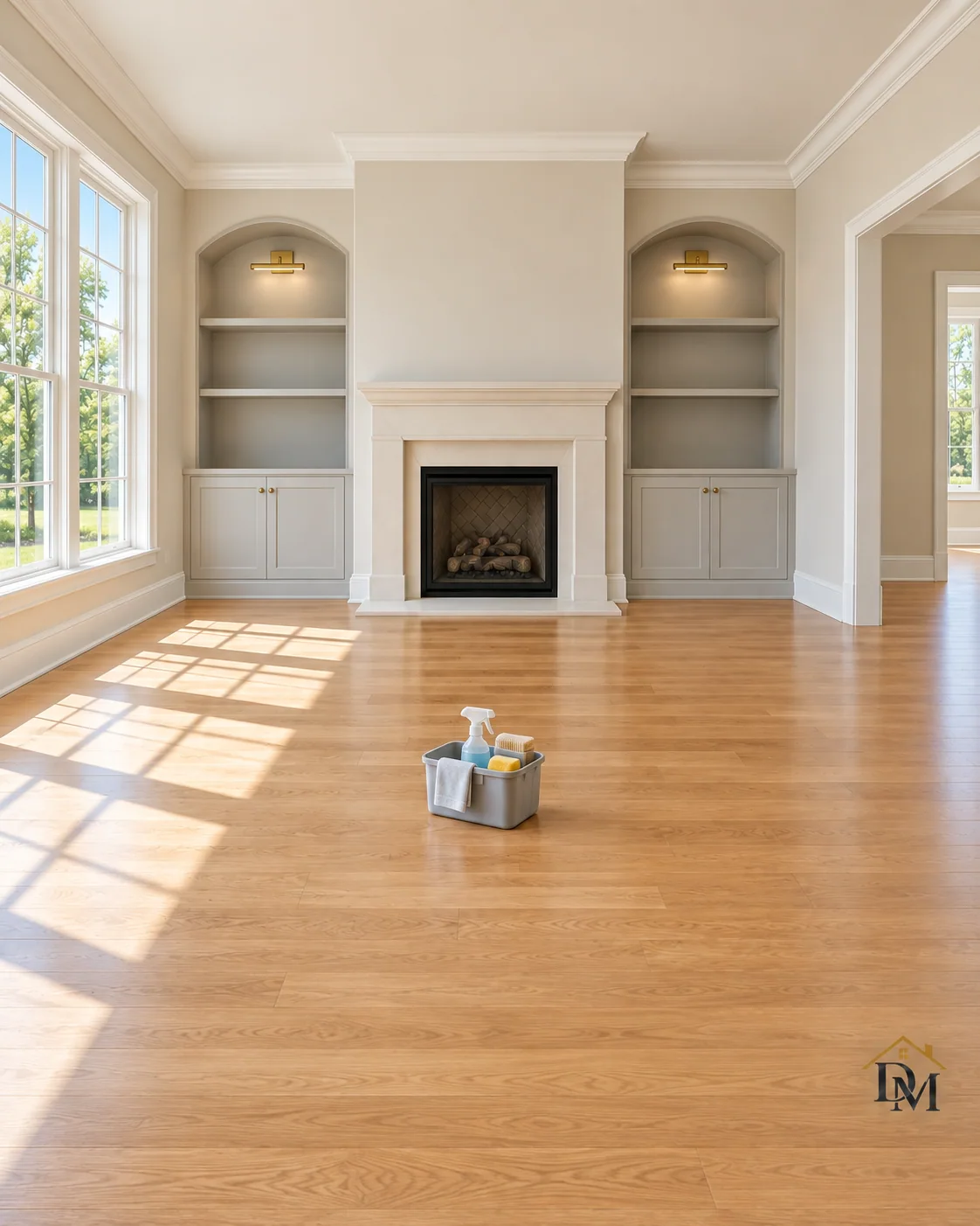 Before move-in: a cleaning caddy on the oak floor in front of the fireplace.