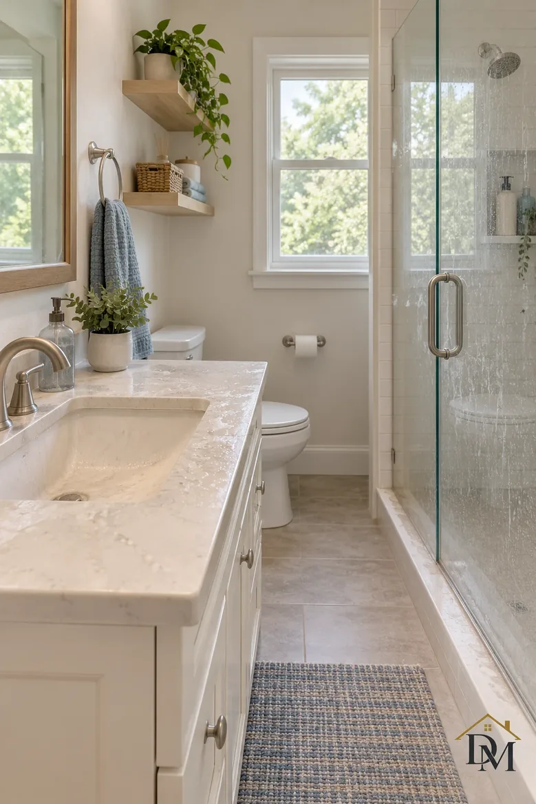 First look: towel hanging off the white vanity and mat turned sideways.