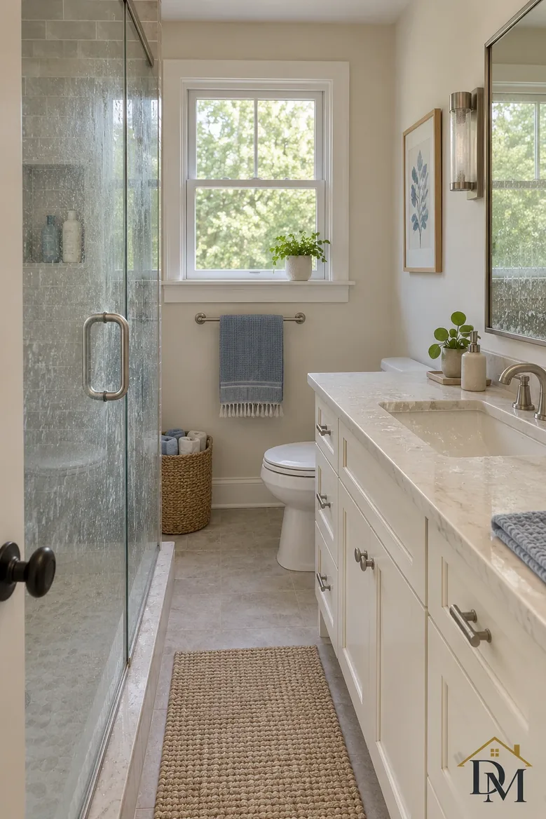 A towel over the vanity front and the mat covering part of the marble.