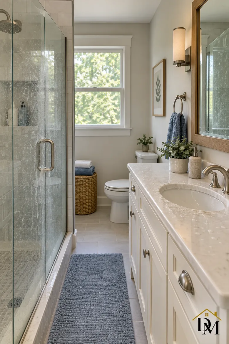 Before: a towel off the marble counter and the mat at an angle.