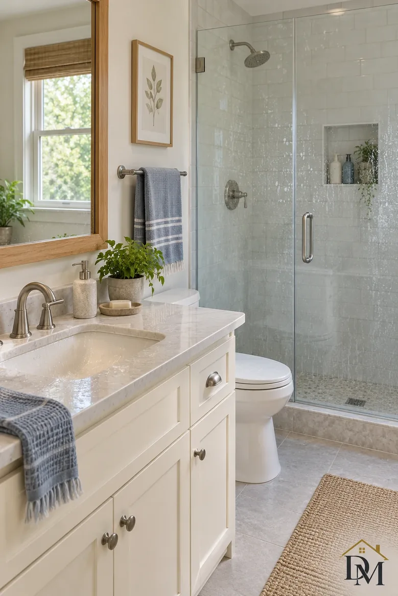 Midweek: a towel ends up draped off the counter and the mat slides askew.