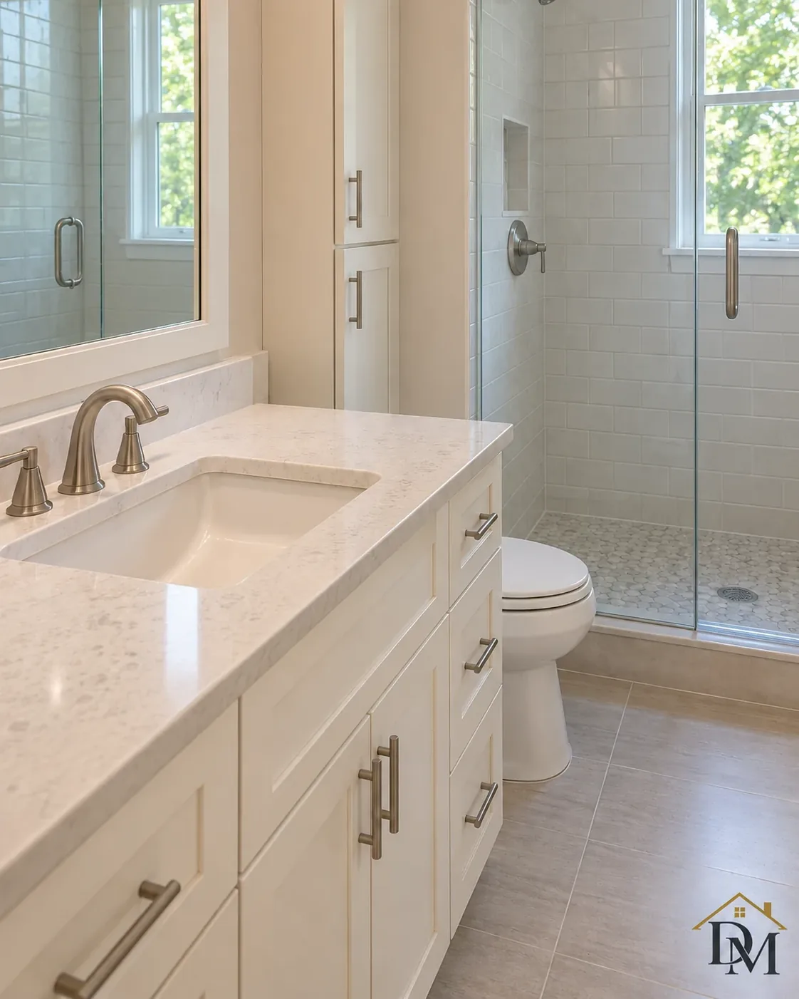 Caddy gone: beige tile open from the shower door to the gray vanity.