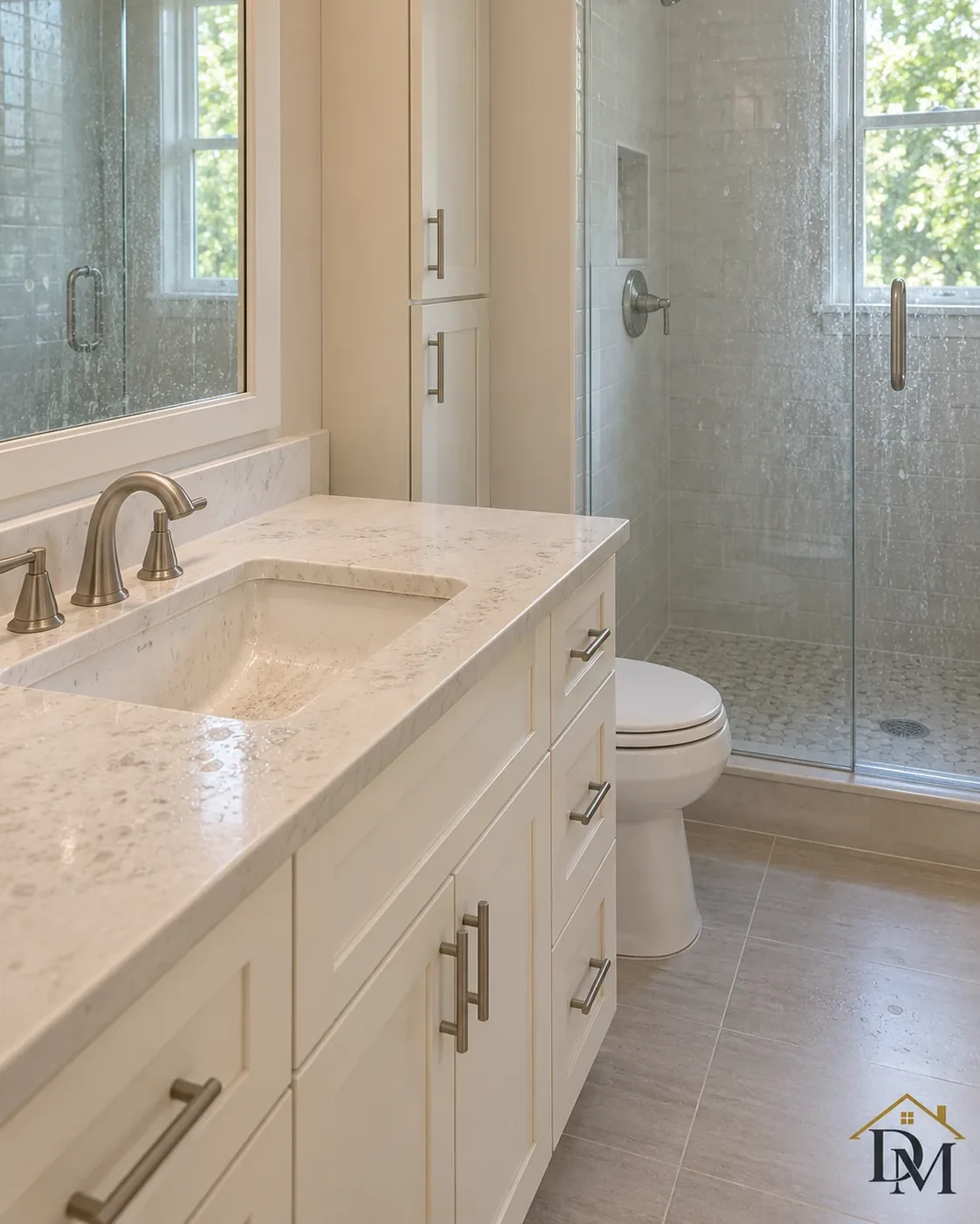Before move-in: the caddy on the beige tile between the glass shower and gray vanity.
