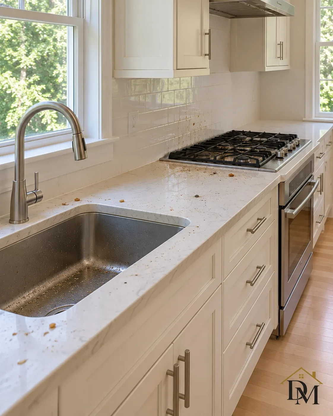 Before move-in: our supply caddy on the light oak floor facing the fireplace built-ins.