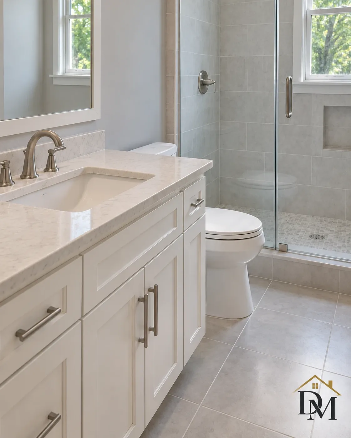 At key return, view B: gray double vanity and tile floor left bare.